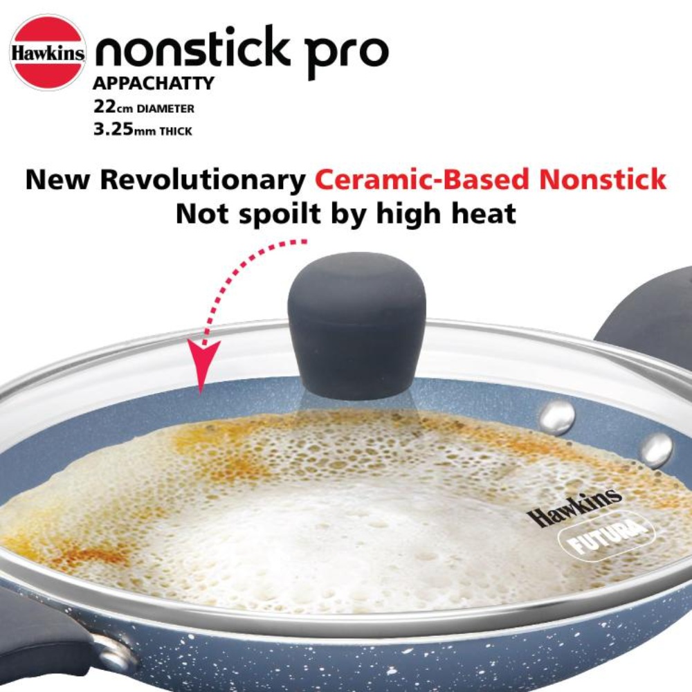 Hawkins Nonstick Pro 0.9 Litre Appachatty, Mini Kadhai, Appachatti, Appachetty, Appam Pot Maker, Deep Fry Pan with Glass Lid, Granite Kadai