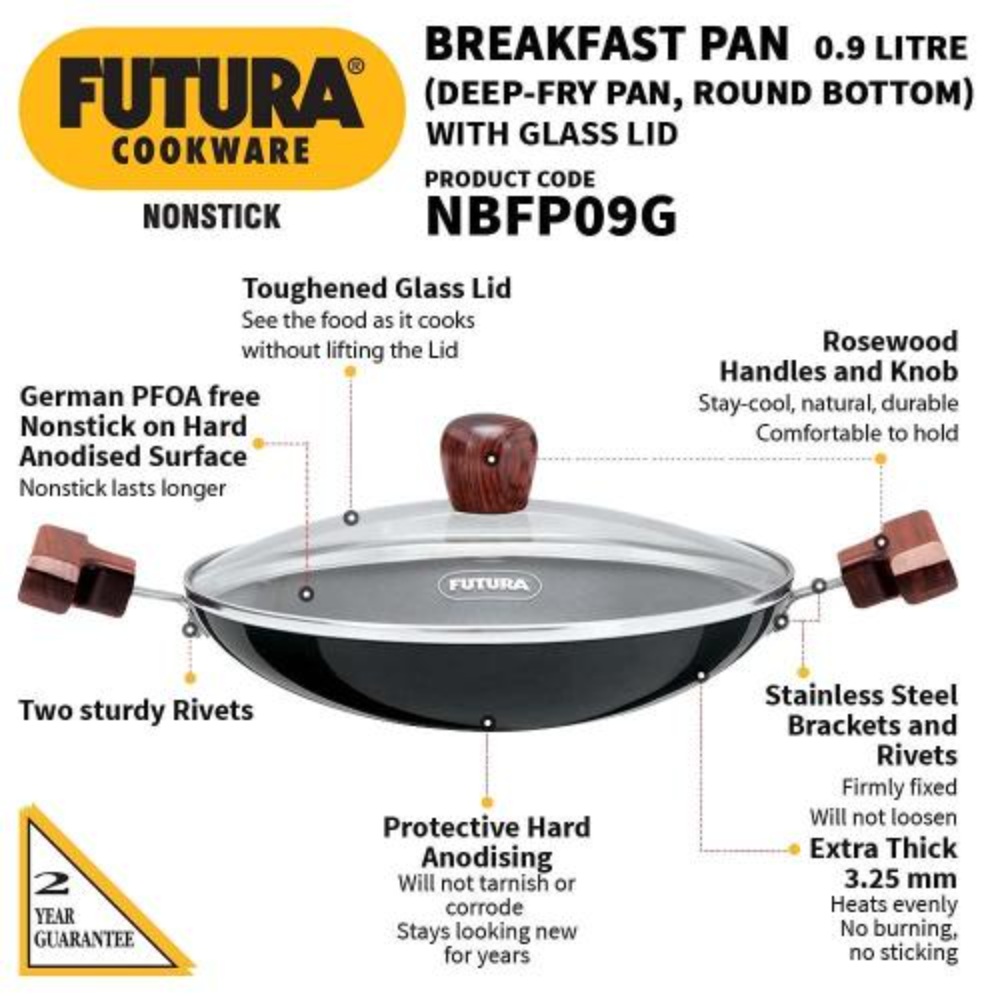 Hawkins FUTURA 0.9 Litre Breakfast Pan with Glass Lid, Nonstick Cookware, Appachatty, Chetty Pan, Appam Patra, Round Bottom Kadai, Black (NBFP09G) - 217 mm