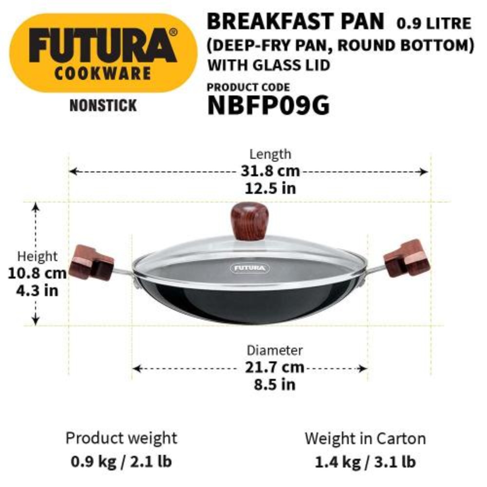 Hawkins FUTURA 0.9 Litre Breakfast Pan with Glass Lid, Nonstick Cookware, Appachatty, Chetty Pan, Appam Patra, Round Bottom Kadai, Black (NBFP09G) - 217 mm