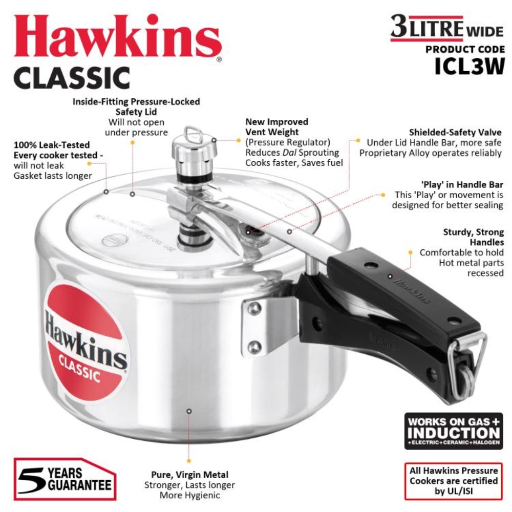 Hawkins Classic 3 Litre Inner Lid Aluminium Pressure Cooker, Induction Cooker, Wide Design Pan Cooker, Best Cooker, Silver (ICL3W)