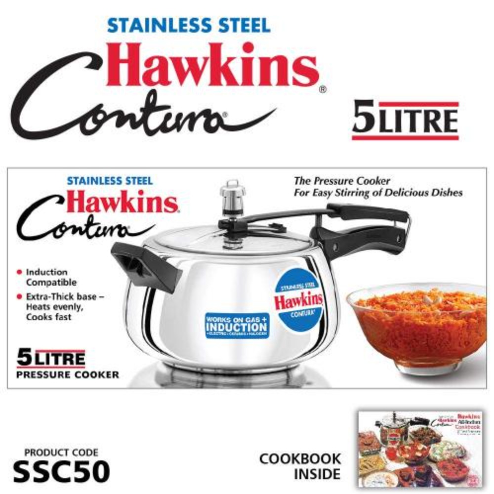 Hawkins Stainless Steel Contura Induction Compatible Inner Lid Pressure Cooker, 5 Litre, Silver (SSC50)