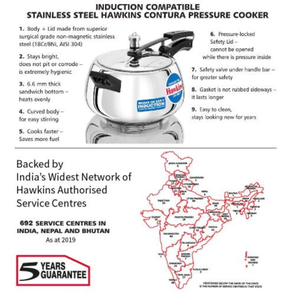 Hawkins Stainless Steel Contura Induction Compatible Inner Lid Pressure Cooker, 5 Litre, Silver (SSC50)