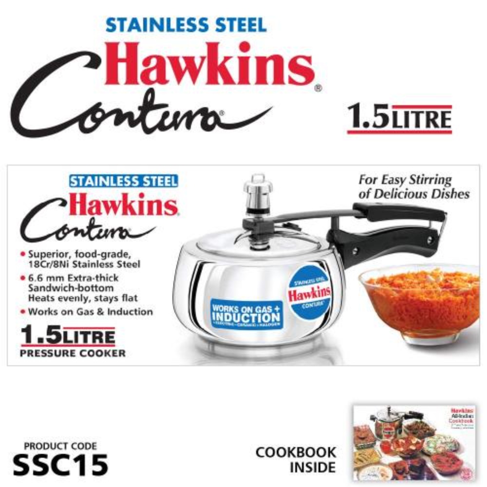 Hawkins Stainless Steel Contura Induction Compatible Inner Lid Pressure Cooker, 1.5 Litre, Silver (SSC15)