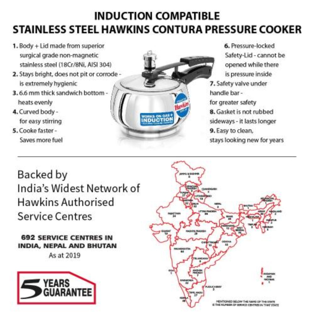 Hawkins Stainless Steel Contura Induction Compatible Inner Lid Pressure Cooker, 1.5 Litre, Silver (SSC15)