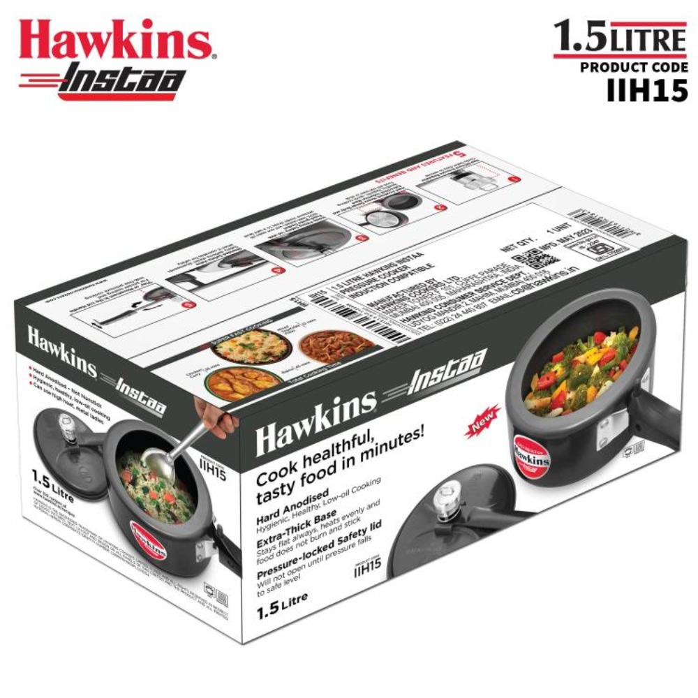 Hawkins 1.5 Litre Instaa Pressure Cooker, Induction Inner Lid Cooker, Tall Body Hard Anodised Cooker, Best Black Cooker, Black (IIH15)