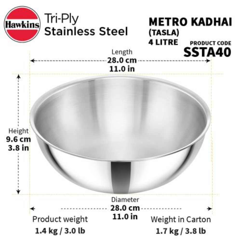 Hawkins 4 Litre Metro Kadhai, Triply Stainless Steel Induction Tasla, Silver (SSTA40)