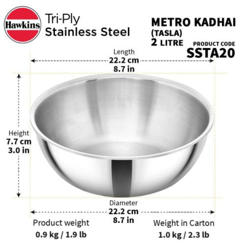 Hawkins 2 Litre Metro Kadhai, Triply Stainless Steel Induction Tasla, Silver (SSTA20)