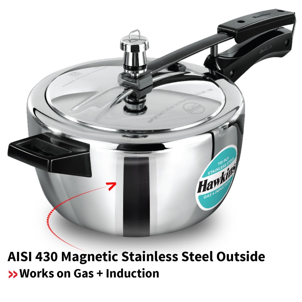 Hawkins 4.5 Litre Triply Stainless Steel Pressure Cooker, Inner Lid Cooker, Silver (HSST45)