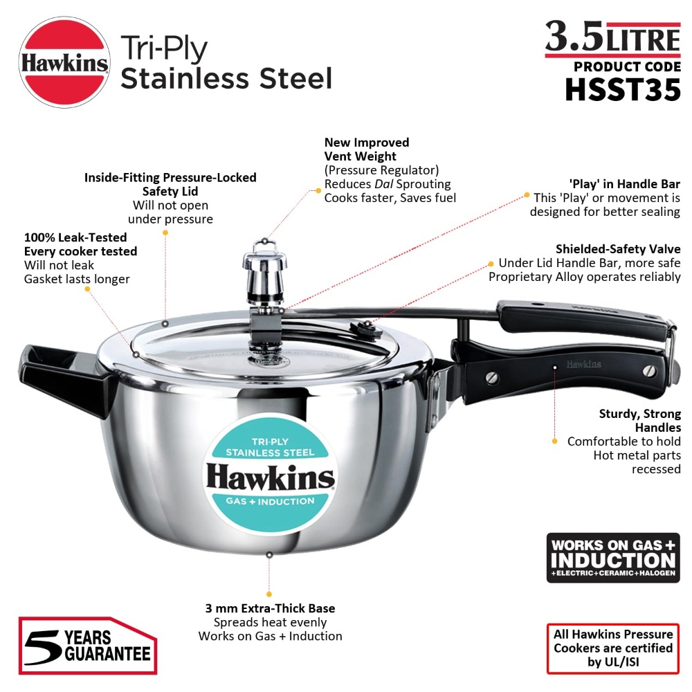 Hawkins 4.5 Litre Triply Stainless Steel Pressure Cooker, Inner Lid Cooker, Silver (HSST45)