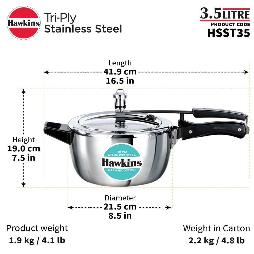 Hawkins 4.5 Litre Triply Stainless Steel Pressure Cooker, Inner Lid Cooker, Silver (HSST45)