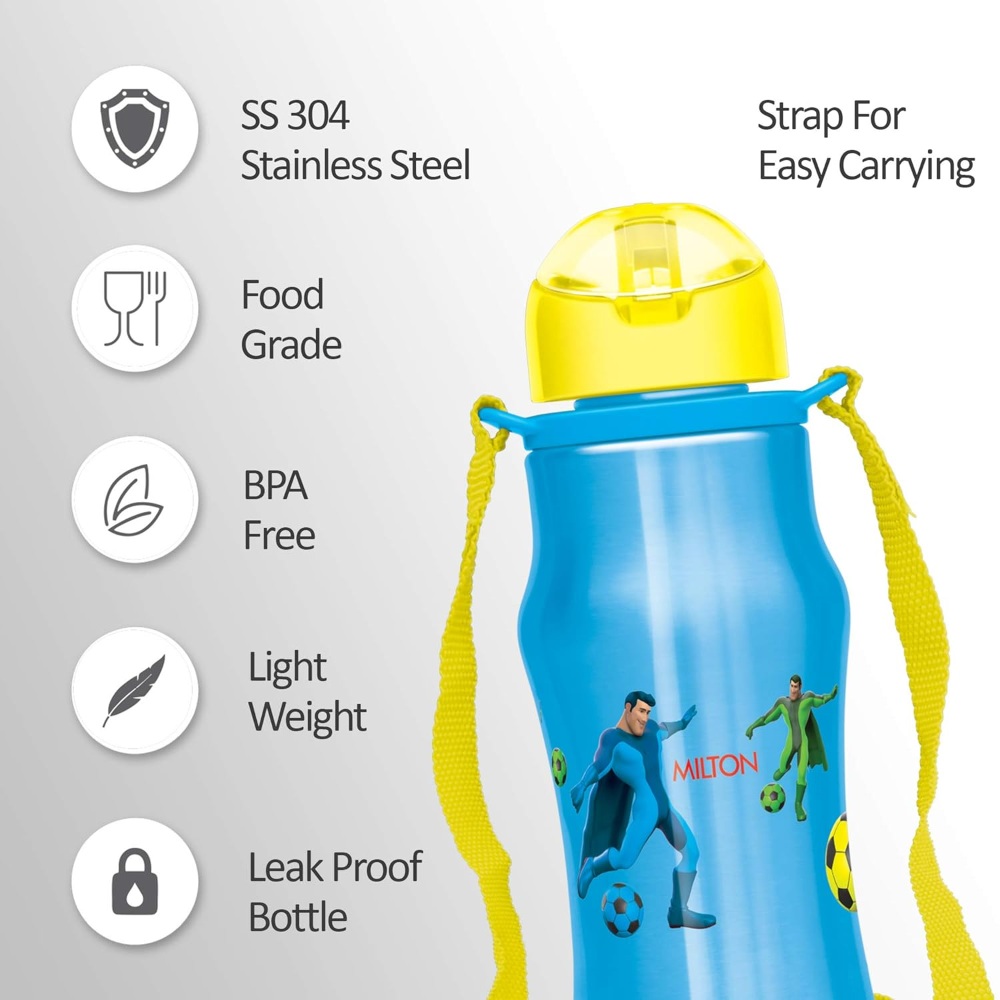 MILTON Gaiety 450 Stainless Steel Water Bottle, 425 ml, Blue | Leak Proof | Easy to Carry | Home | Kitchen | Travel | School