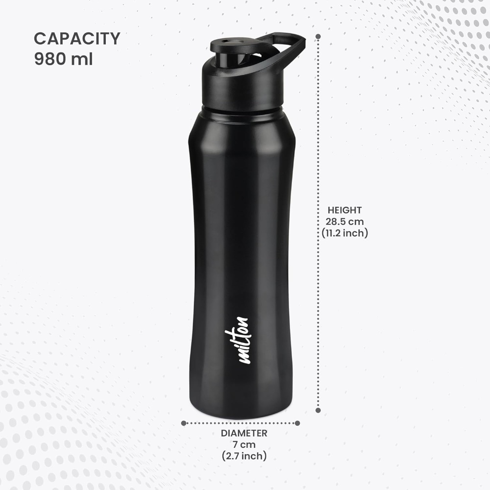 MILTON Comet 1000 Single Wall Stainless Steel Water Bottle 1000ml for School, Office, Home, Gym, Leakproof, Rust free, Black