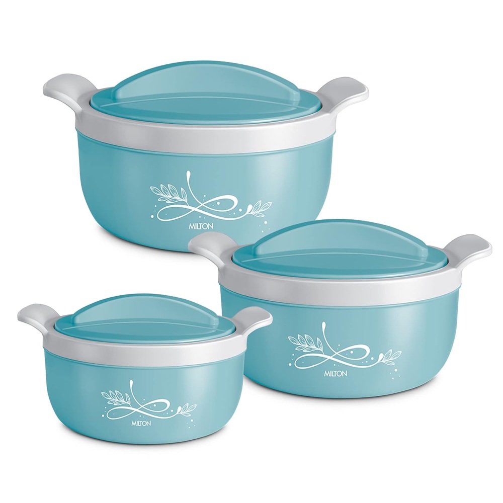 MILTON Crave Jr Inner Stainless Steel Serving Casserole Gift Set of 3(470ml, 800ml, 1380ml), PU Insulated Kitchen Hot Pot, Keeps Food hot & Fresh for Roti, Biryani, Blue