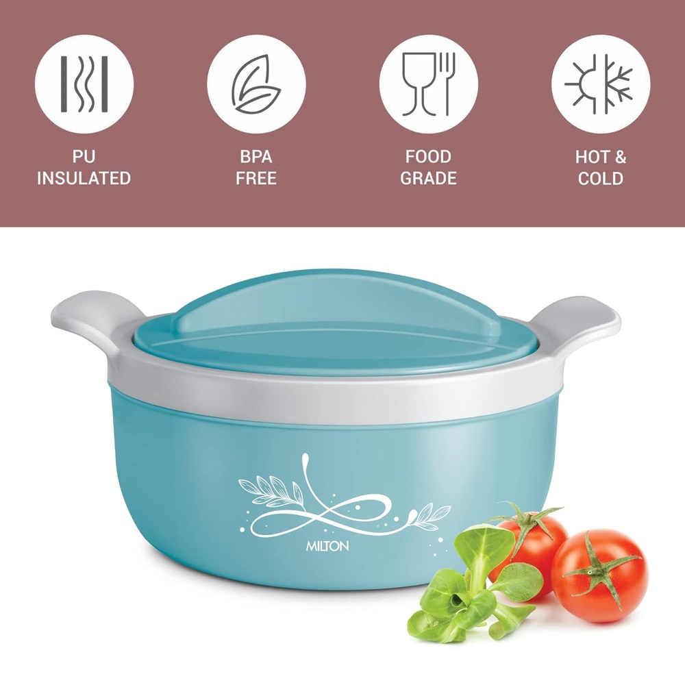 MILTON Crave Jr Inner Stainless Steel Serving Casserole Gift Set of 3(470ml, 800ml, 1380ml), PU Insulated Kitchen Hot Pot, Keeps Food hot & Fresh for Roti, Biryani, Blue