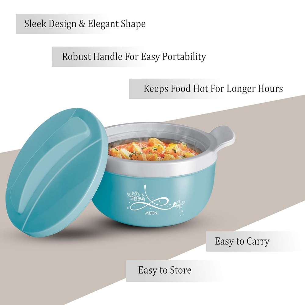 MILTON Crave Jr Inner Stainless Steel Serving Casserole Gift Set of 3(470ml, 800ml, 1380ml), PU Insulated Kitchen Hot Pot, Keeps Food hot & Fresh for Roti, Biryani, Blue