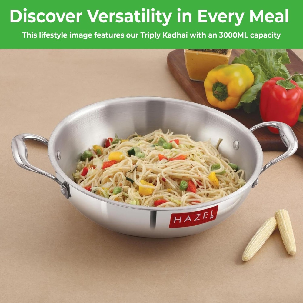 HAZEL Triply Stainless Steel Induction Bottom Kadhai, 2.6 Litre, 24.5 cm