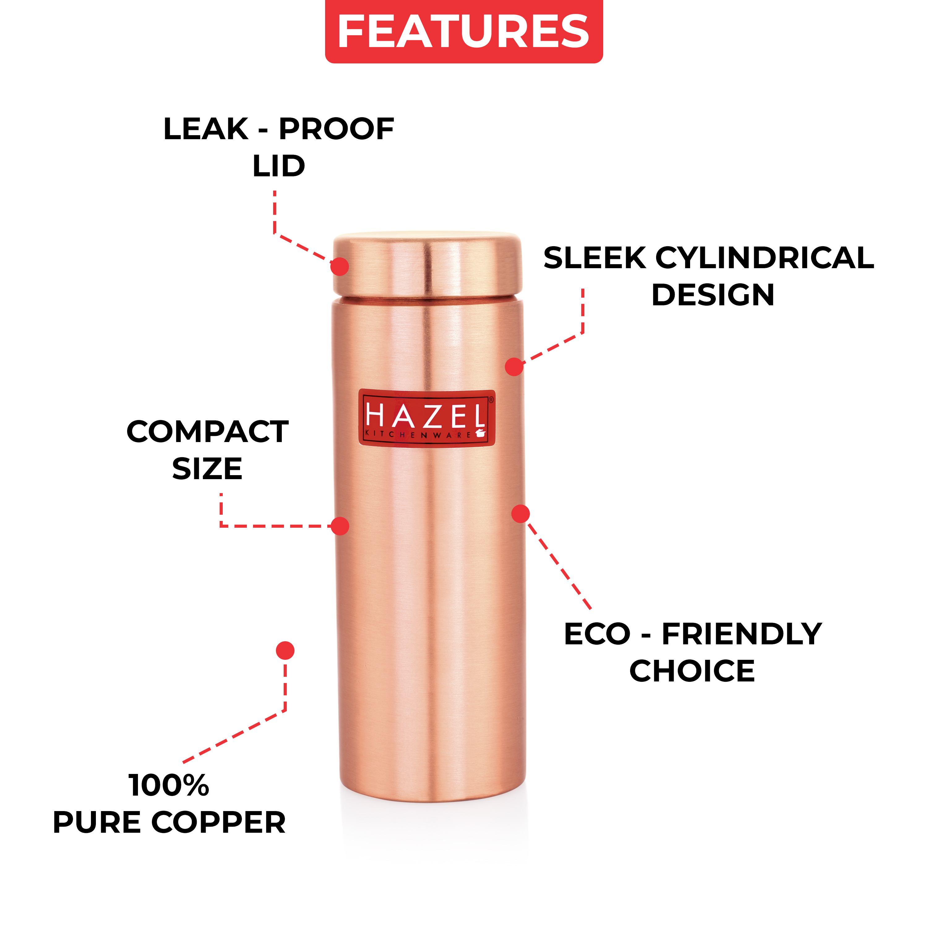 HAZEL Copper Water Bottle 500ml | Water Bottle for School | Durable Bottles for Daily Use