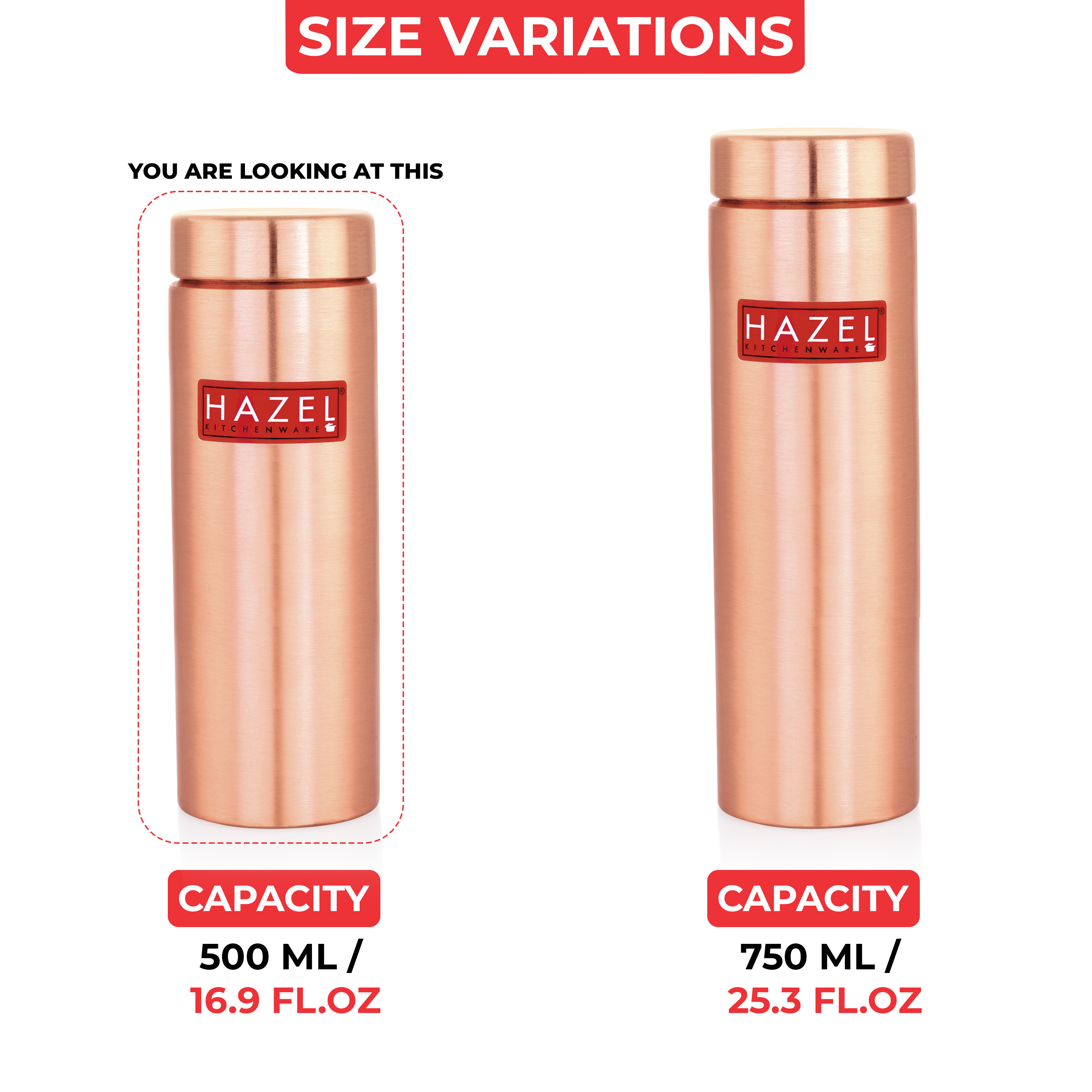 HAZEL Copper Water Bottle 500ml | Water Bottle for School | Durable Bottles for Daily Use