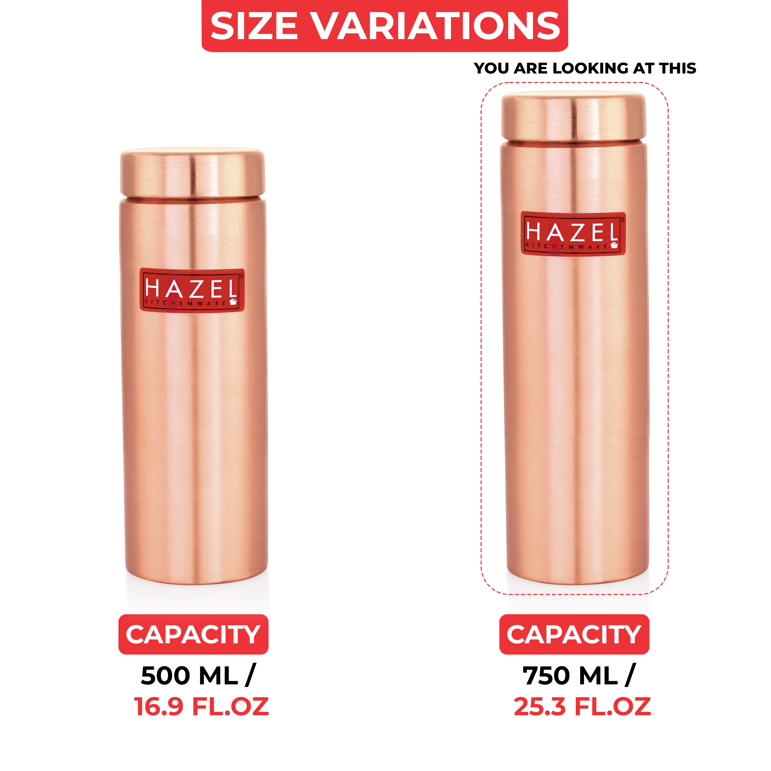 HAZEL Copper Water Bottle 750ml | water bottles for Office | Durable Bottles for Daily Use