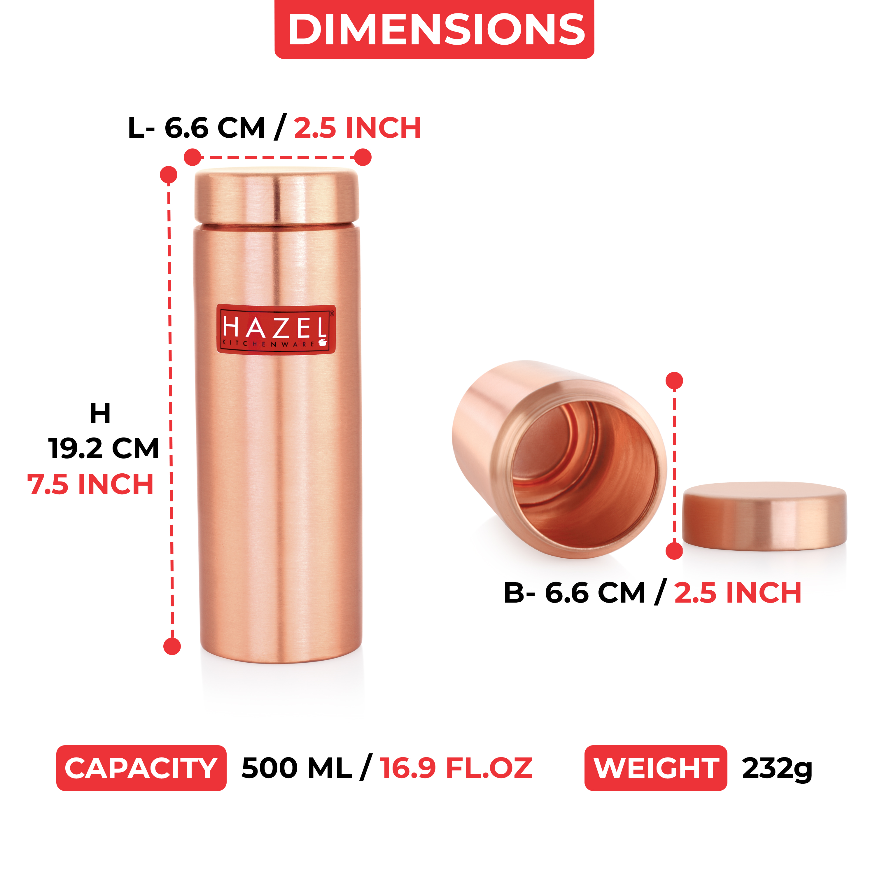 HAZEL Copper Water Bottle 500ml | Water Bottle for School | Durable Bottles for Daily Use