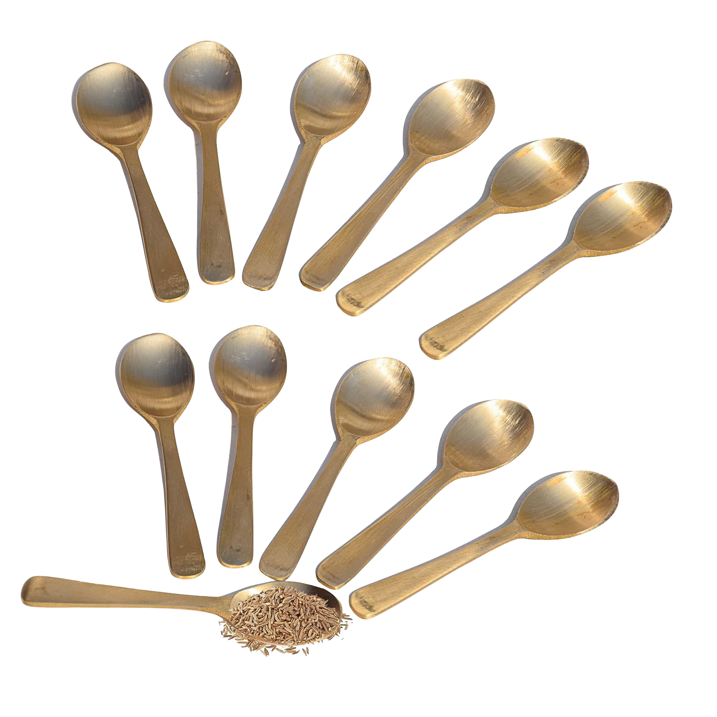 HAZEL Brass Masala Spoon Set of 12|Tea Spoons Set of 12|Small Spoons for Spice Jar|Matt Finish Brass Spoon