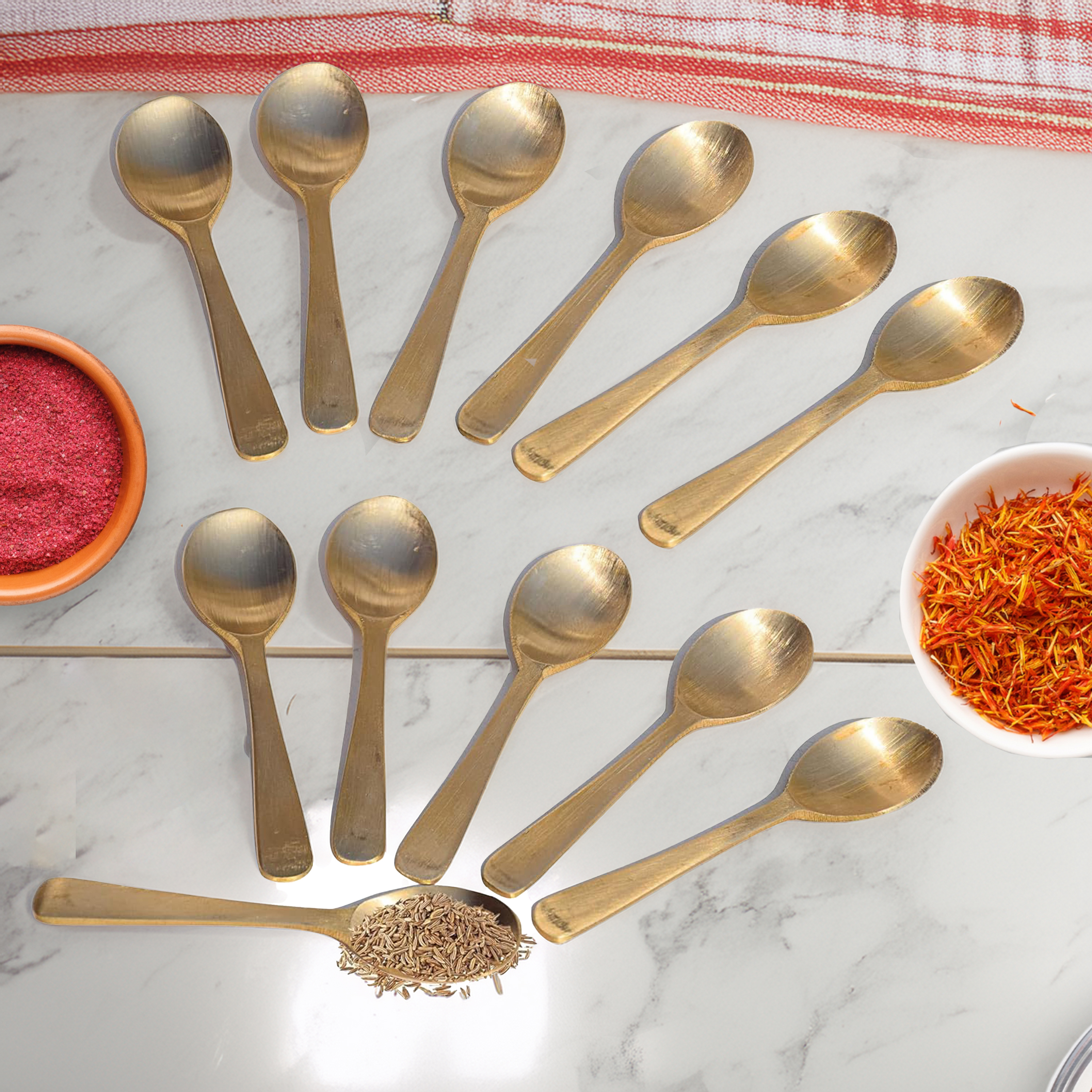 HAZEL Brass Masala Spoon Set of 12|Tea Spoons Set of 12|Small Spoons for Spice Jar|Matt Finish Brass Spoon