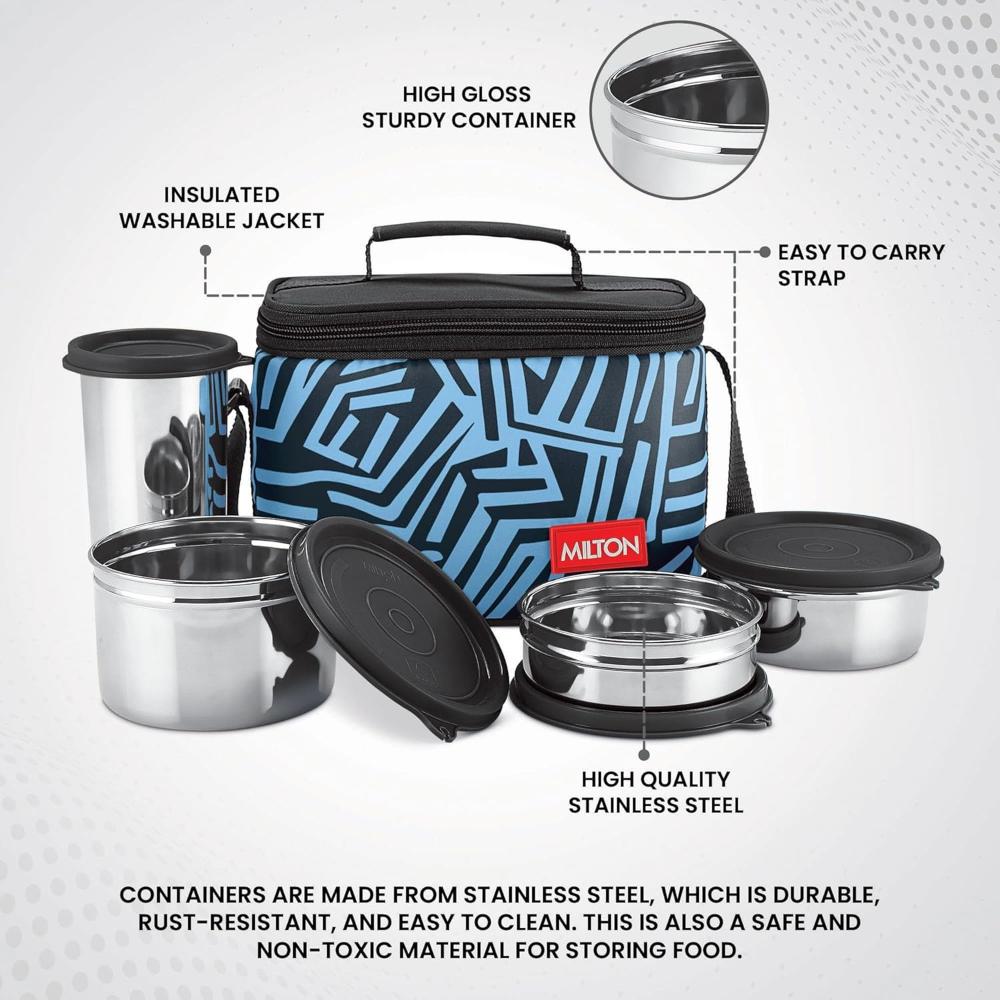 MILTON Delicious Lunch Box with Insulated Fabric Jacket, 3 Stainless Steel Containers 210 ml, 340 ml, 500 ml &Tumbler 380 ml, Leak-Proof Tiffin for Office, College, Picnic, Black