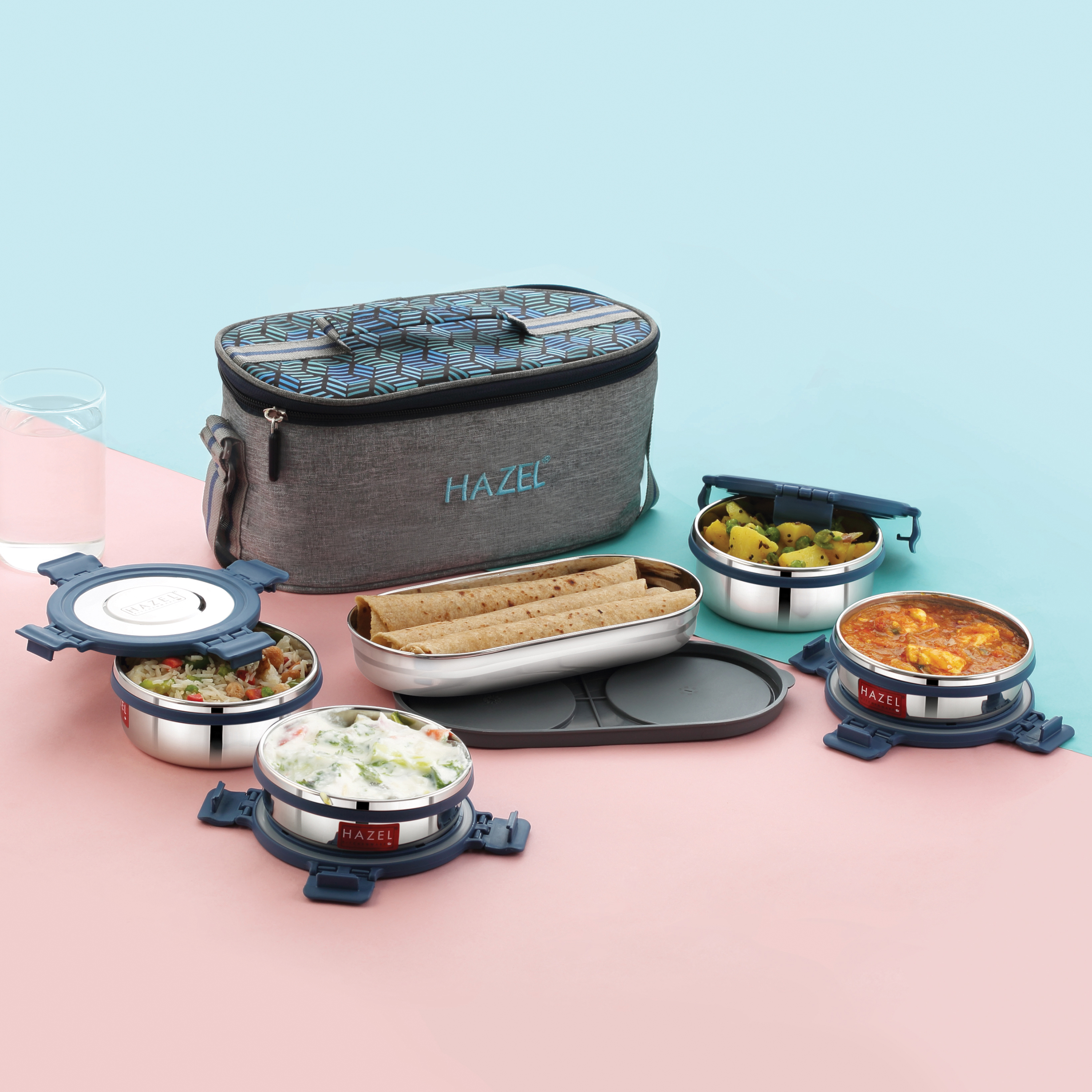 HAZEL Hercules Stainless Steel Lunch Box Set with Roti Dabba and Flat Bag | Set of 5 Leak-Proof Containers