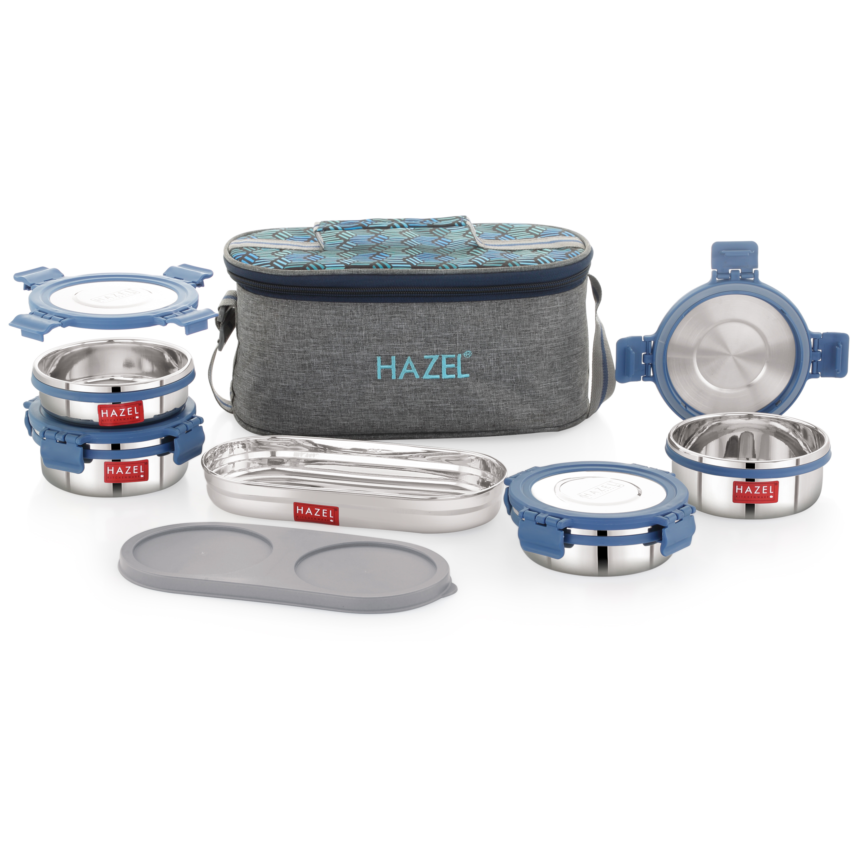 HAZEL Hercules Stainless Steel Lunch Box Set with Roti Dabba and Flat Bag | Set of 5 Leak-Proof Containers