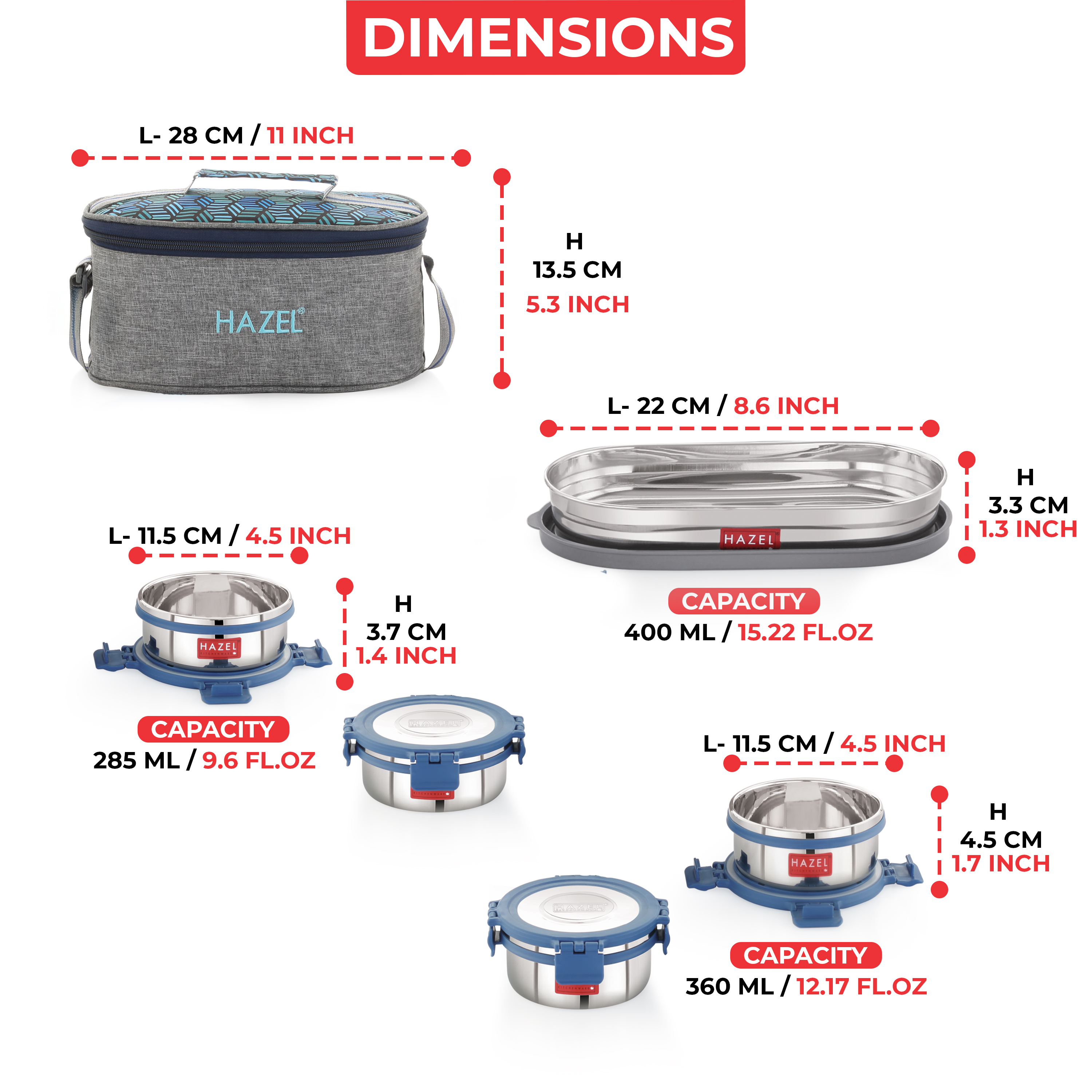 HAZEL Hercules Stainless Steel Lunch Box Set with Roti Dabba and Flat Bag | Set of 5 Leak-Proof Containers