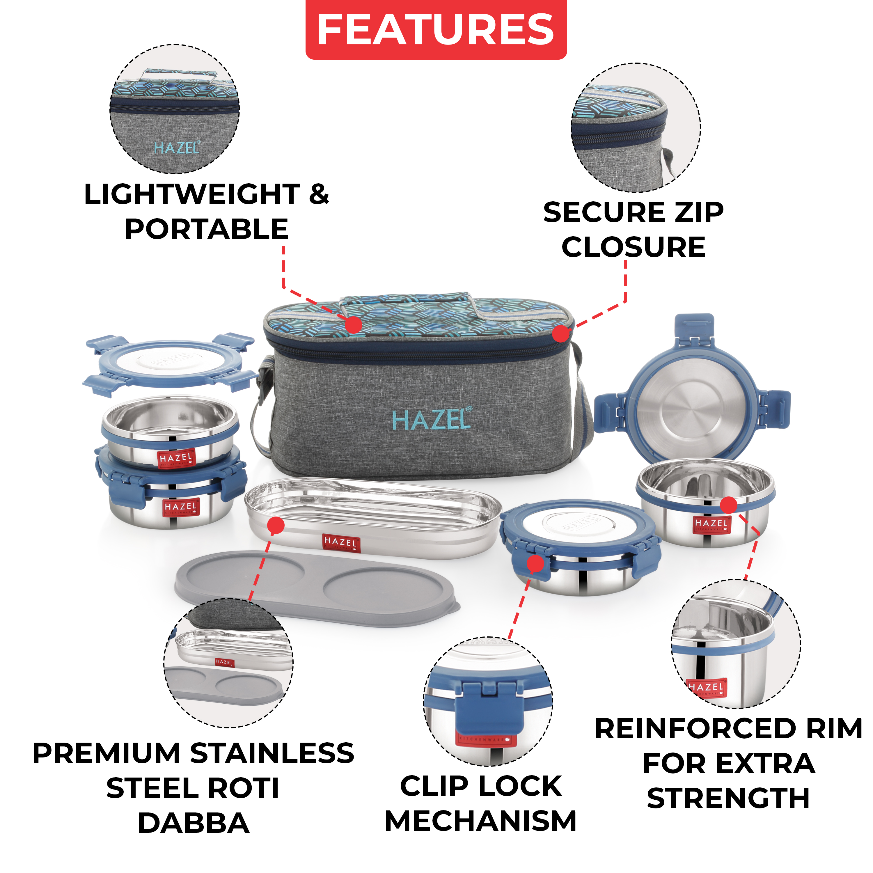 HAZEL Hercules Stainless Steel Lunch Box Set with Roti Dabba and Flat Bag | Set of 5 Leak-Proof Containers