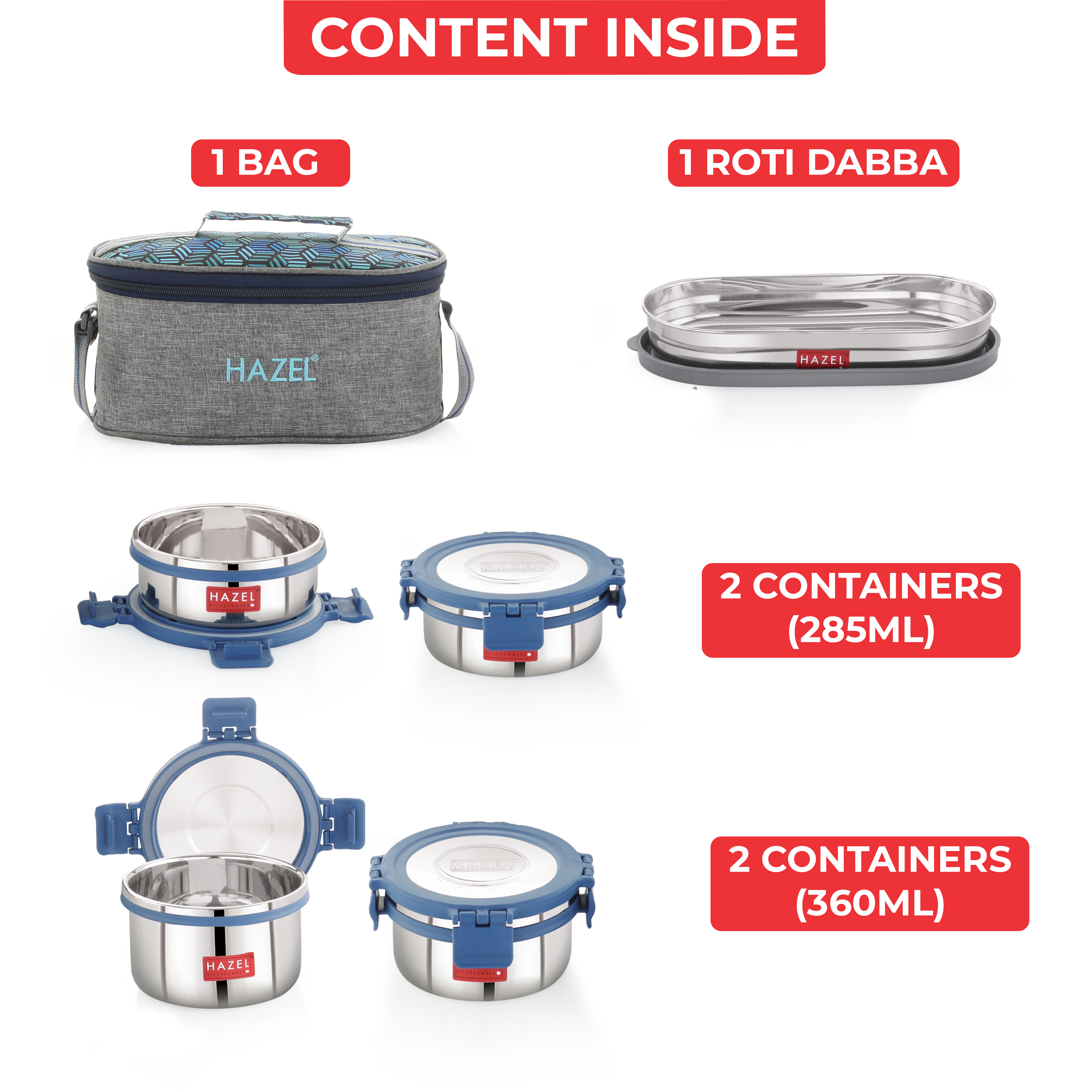 HAZEL Hercules Stainless Steel Lunch Box Set with Roti Dabba and Flat Bag | Set of 5 Leak-Proof Containers
