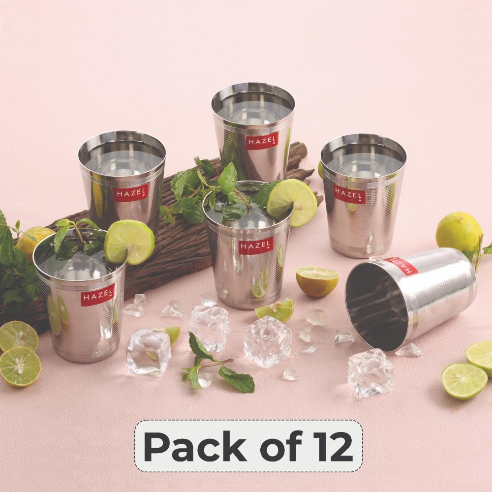 HAZEL Stainless Steel Glass for Water and Juice | Unbreakable Glossy Finish Glass Set of 12, 350 ML