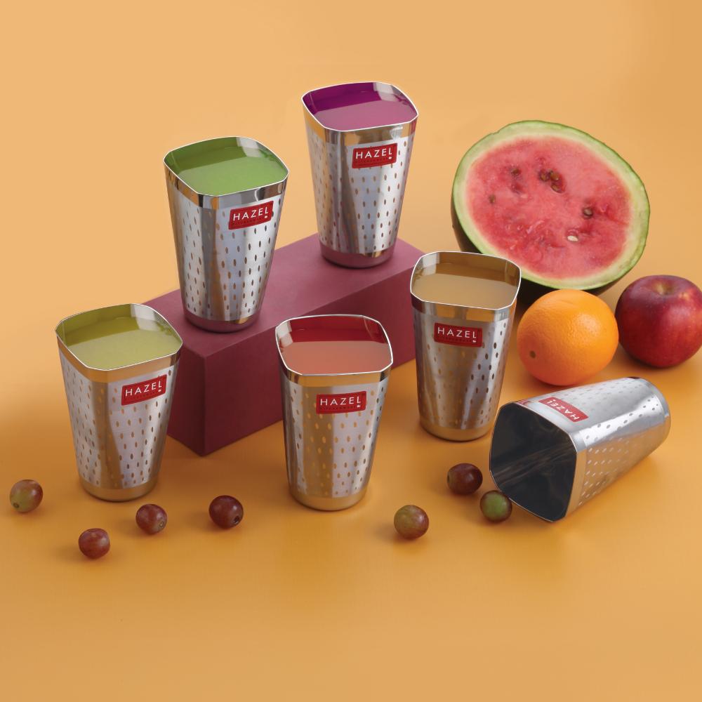 HAZEL Stainless Steel Glass Set of 6 - 350ml | Unbreakable Glasses for Water & Juice Drinkware