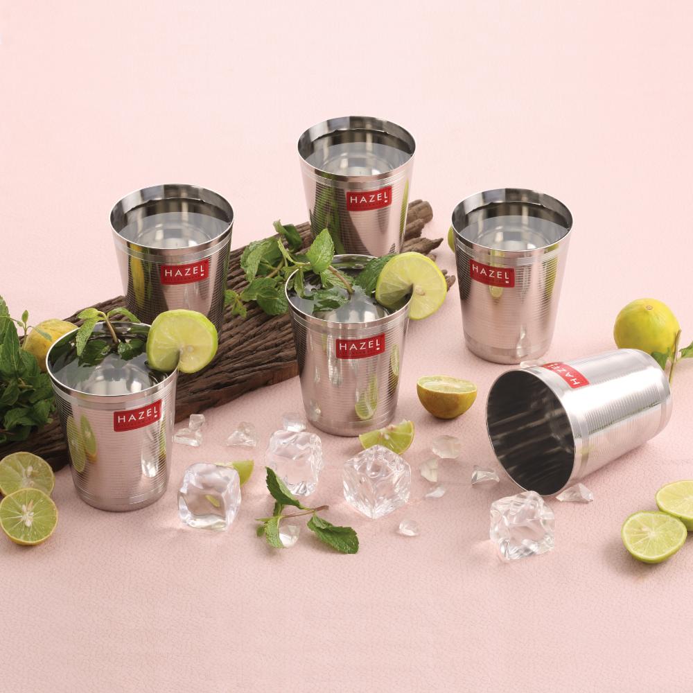 HAZEL Stainless Steel Glass Set of 6 - 350ml | Safe & Durable Water Glass Set | Milkshake & Juice Cups