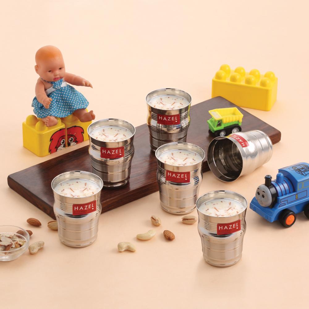 HAZEL Stainless Steel Glass Set of 6 - 200ml | Kids-Friendly Water & Juice Glass Set Toddler Cups