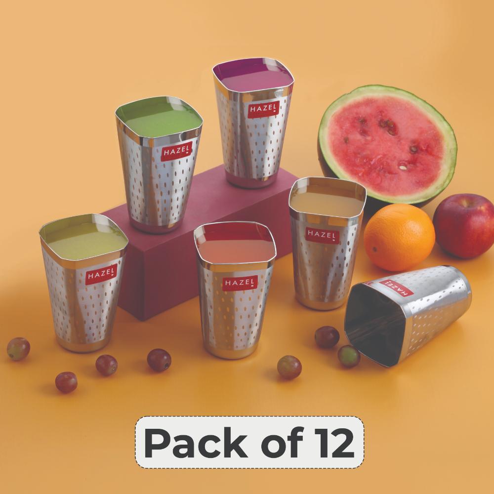 HAZEL Stainless Steel Drinkware Water Glass | Unbreakable Glass Set of 12 with Glossy Finish, 350 ML