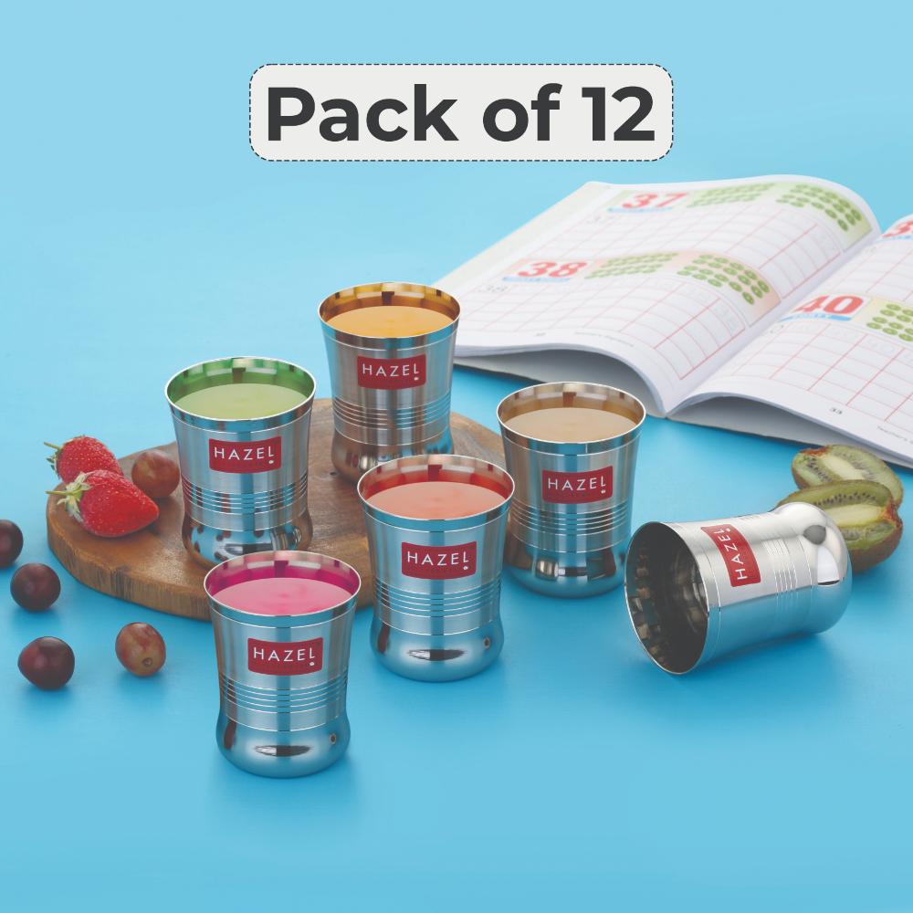 HAZEL Stainless Steel Toddler Glass Set of 12 - 200ml | Unbreakable Cups for Water, Juice & Milkshake