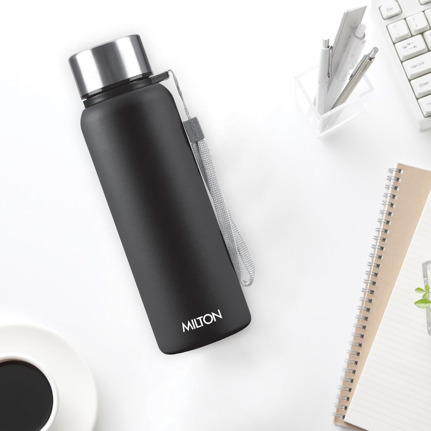 MILTON Brim 750 Stainless Steel Single Walled Leak Proof Easy Grip Water Bottle, 690 ML, Black