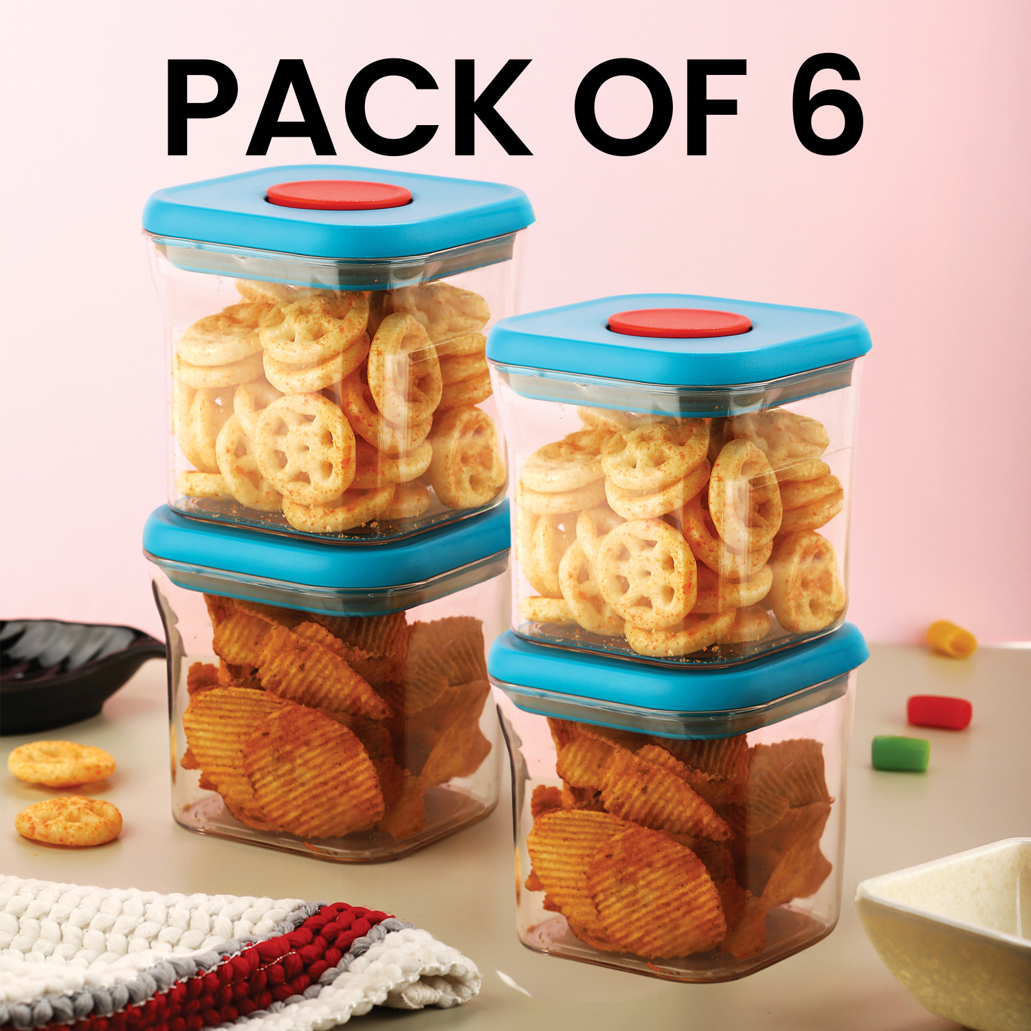 HAZEL Airtight Food Storage Containers with One-Touch Pop-Up Lid | Leakproof, Stackable Jar, 600 ML, Blue, Set of 6