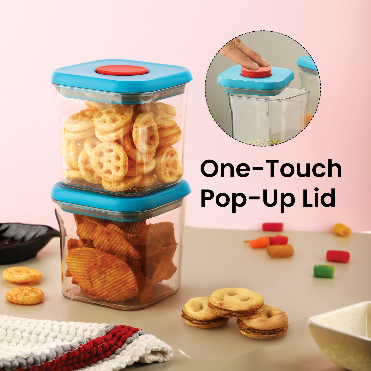 HAZEL Airtight Food Storage Containers with One-Touch Pop-Up Lid | Leakproof, Stackable Jar, 600 ML, Blue, Set of 6