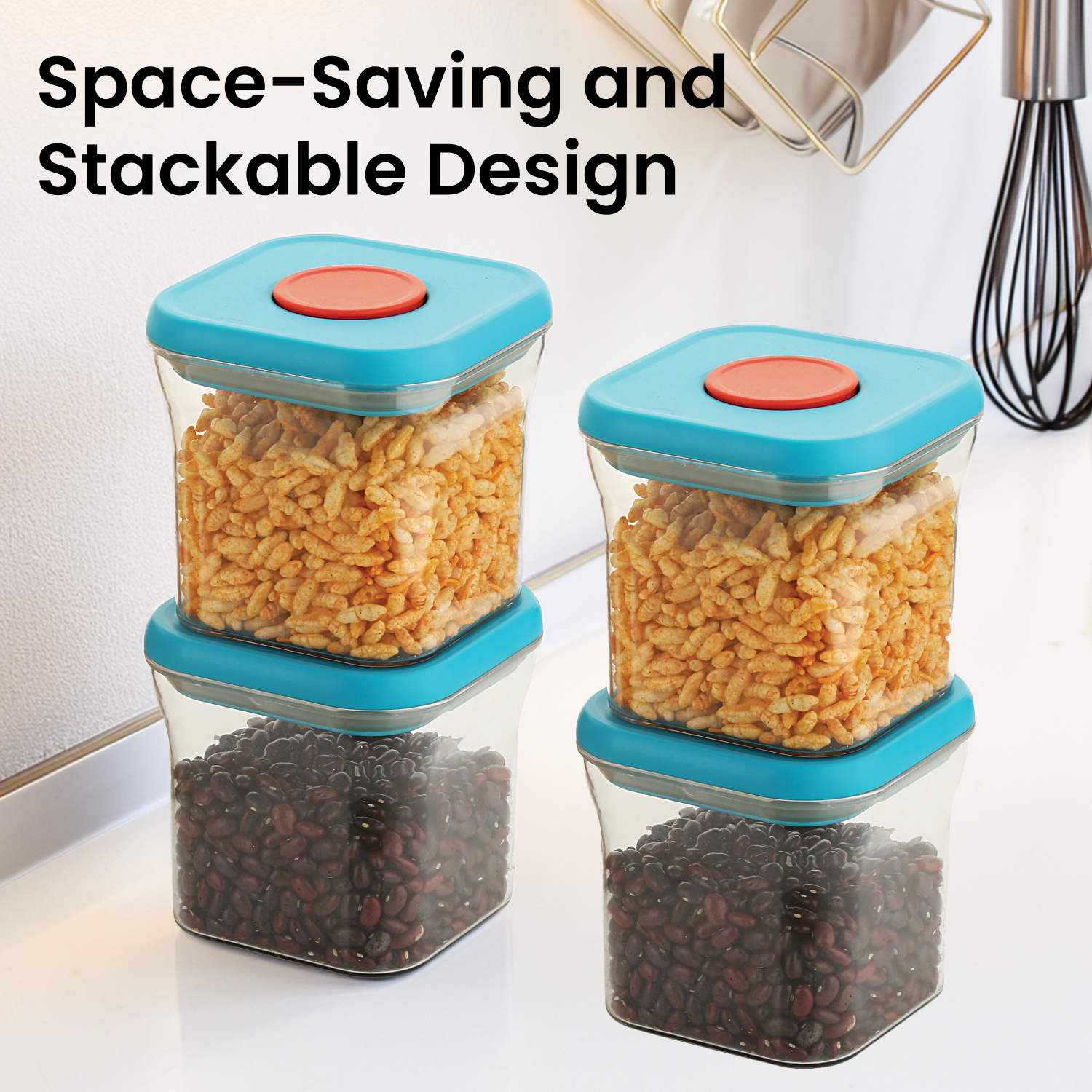 HAZEL Airtight Food Storage Containers with One-Touch Pop-Up Lid | Leakproof, Stackable Jar, 600 ML, Blue, Set of 6