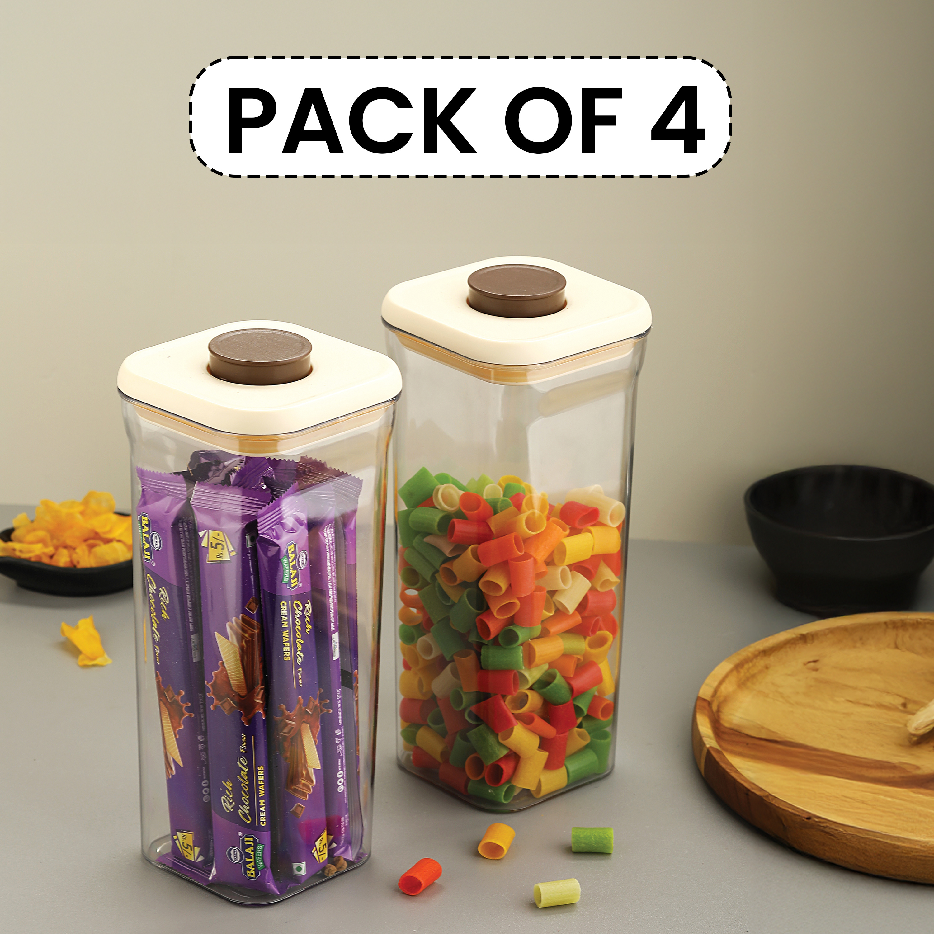 HAZEL Airtight Food Storage Container | Plastic Kitchen Jar for Pulses, Grains, Cereal, Snacks, 1600 ML, Cream, Set of 4