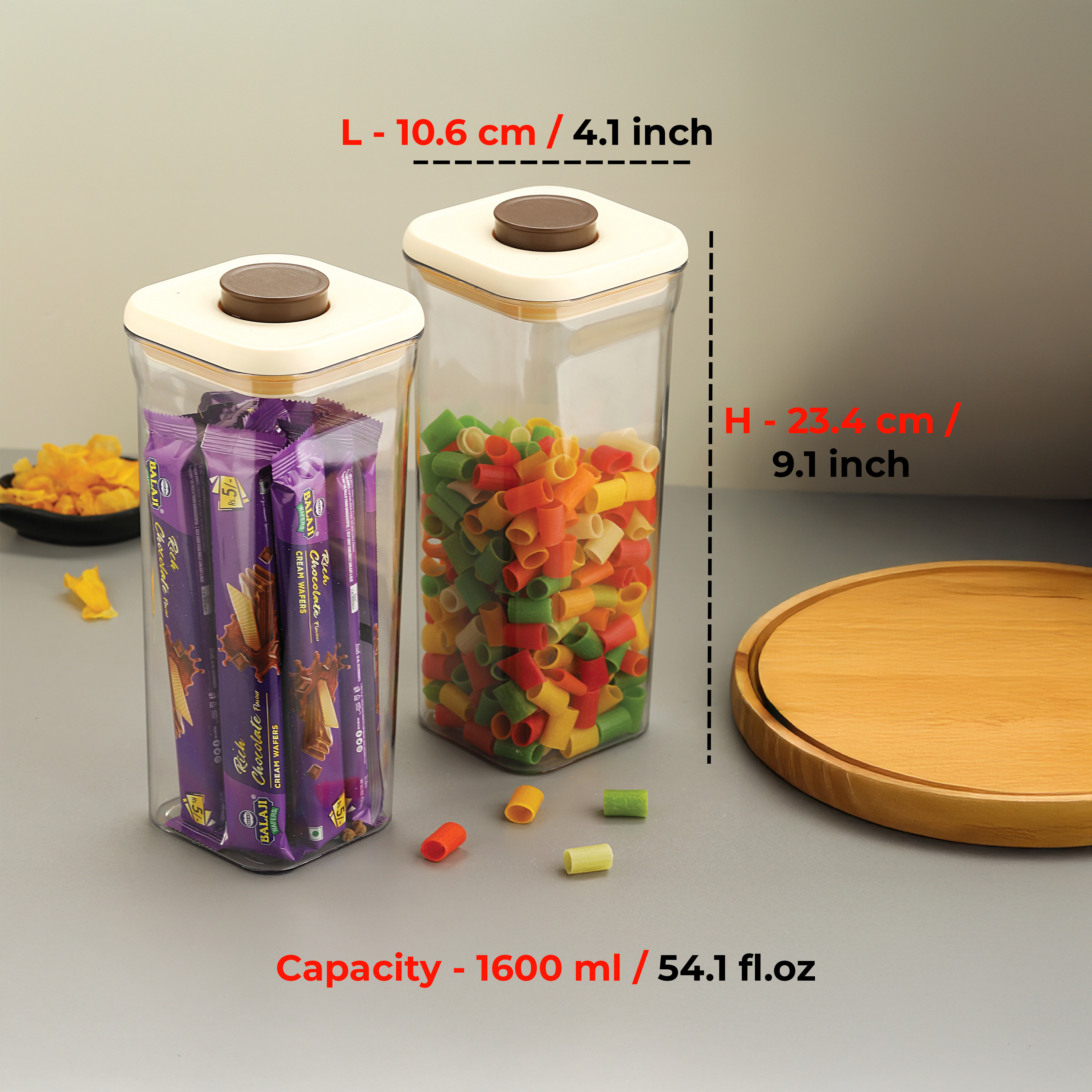 HAZEL Airtight Food Storage Container | Plastic Kitchen Jar for Pulses, Grains, Cereal, Snacks, 1600 ML, Cream, Set of 4