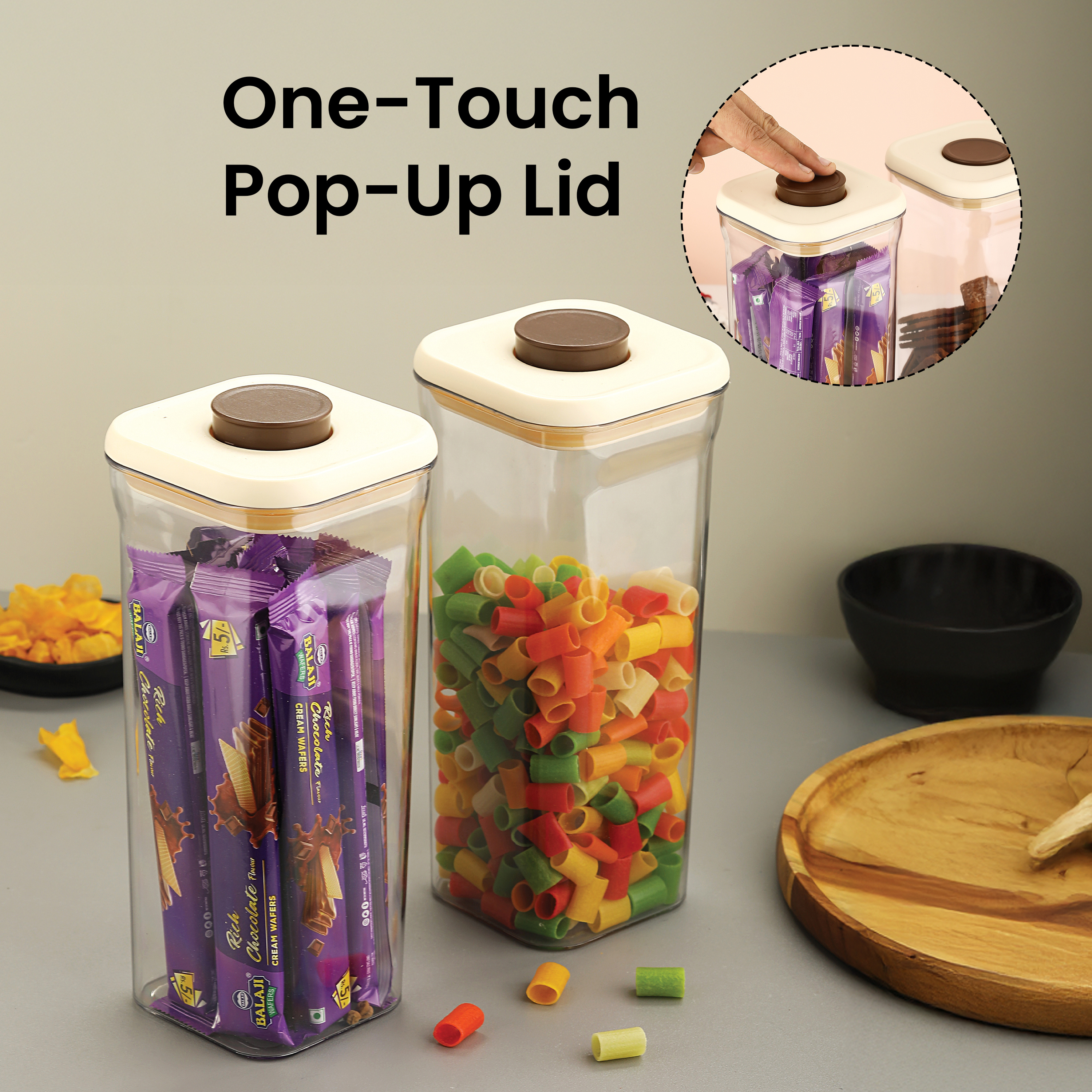 HAZEL Airtight Food Storage Container | Plastic Kitchen Jar for Pulses, Grains, Cereal, Snacks, 1600 ML, Cream, Set of 4