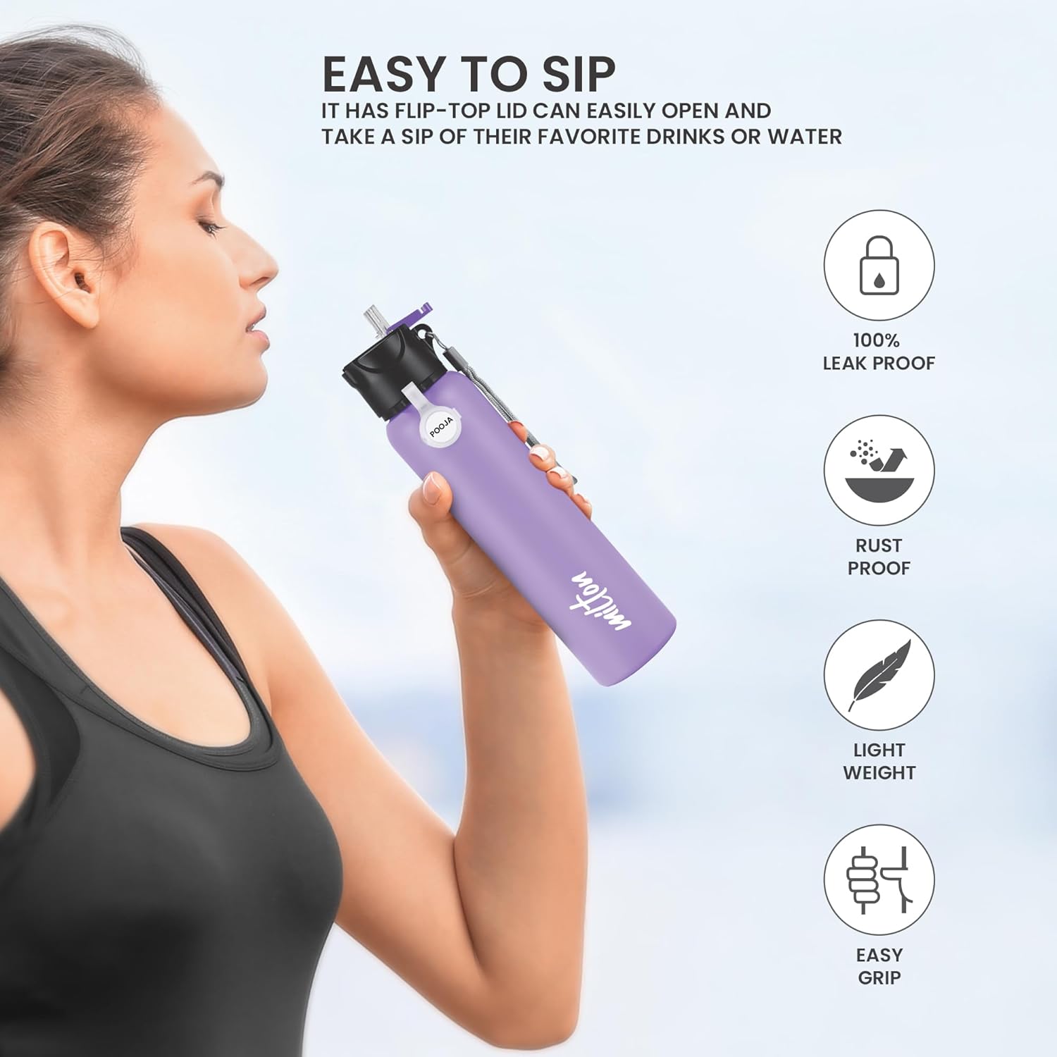 MILTON Sipstar 1000 Stainless Steel Sipper Water Bottle Single Walled Leak Proof Lid, 875 ML, Purple