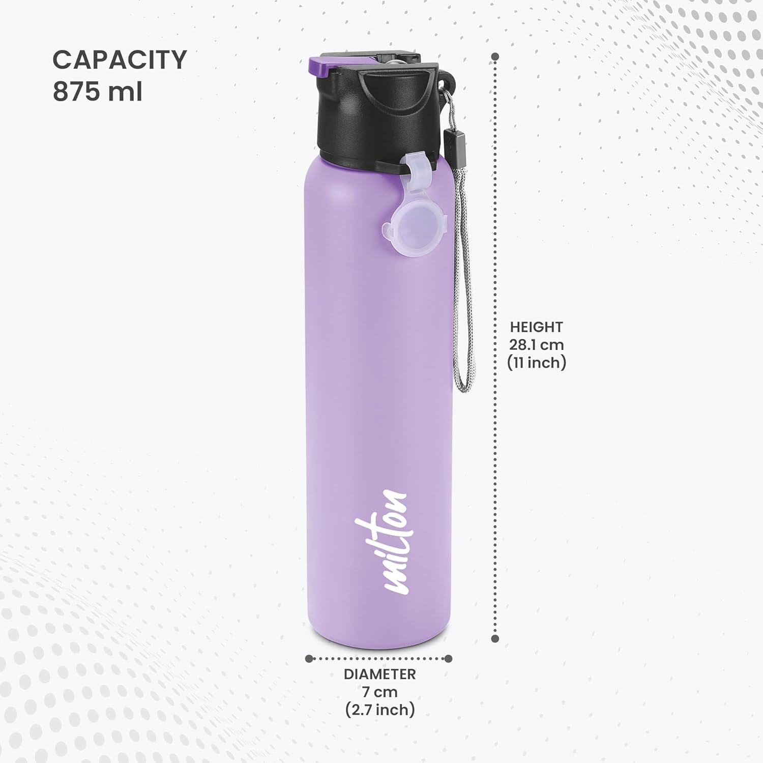 MILTON Sipstar 1000 Stainless Steel Sipper Water Bottle Single Walled Leak Proof Lid, 875 ML, Purple