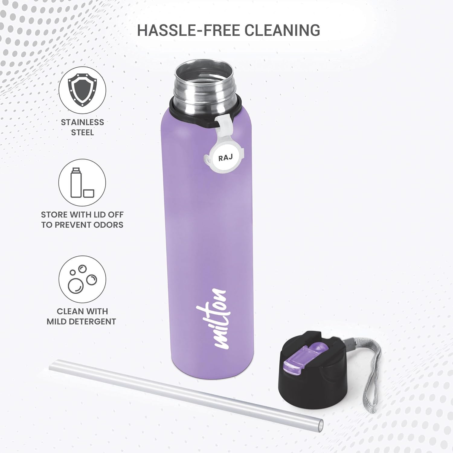 MILTON Sipstar 1000 Stainless Steel Sipper Water Bottle Single Walled Leak Proof Lid, 875 ML, Purple