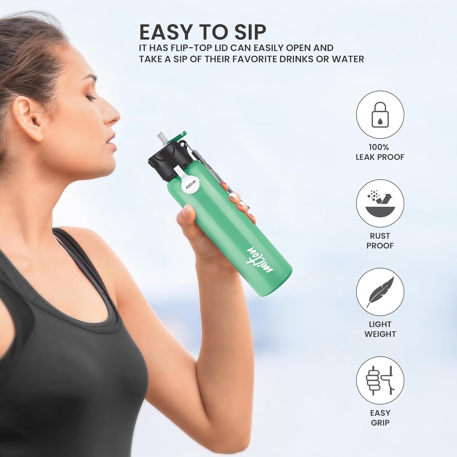 MILTON Sipstar 1000 Stainless Steel Sipper Water Bottle Single Walled Leak Proof Lid, 875 ML, Green