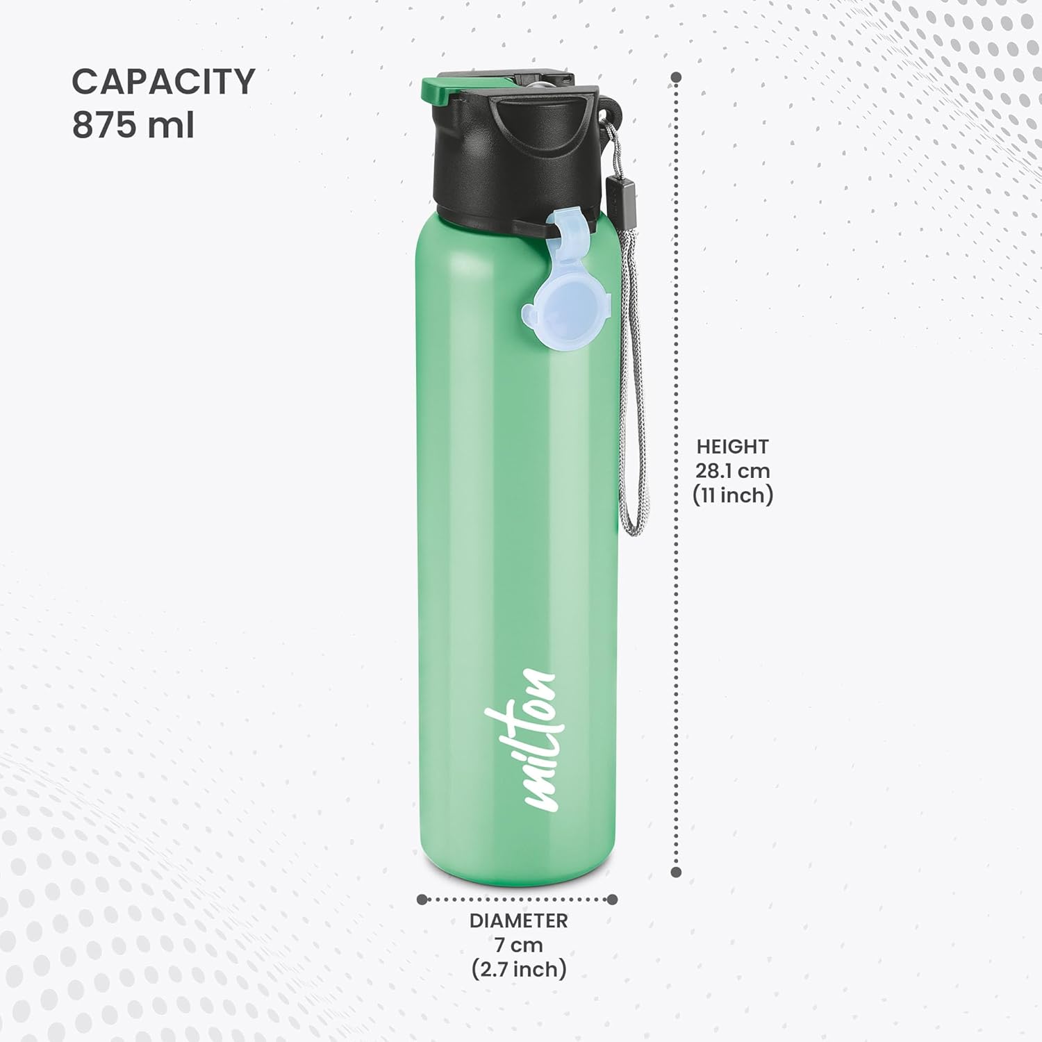 MILTON Sipstar 1000 Stainless Steel Sipper Water Bottle Single Walled Leak Proof Lid, 875 ML, Green